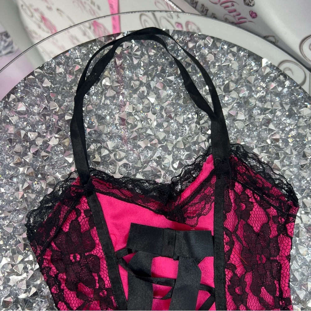 Bag mini corset y2k Women's Hot Pink and Black Lace Satin Teddy Bodysuit bag - Picture 3 of 6